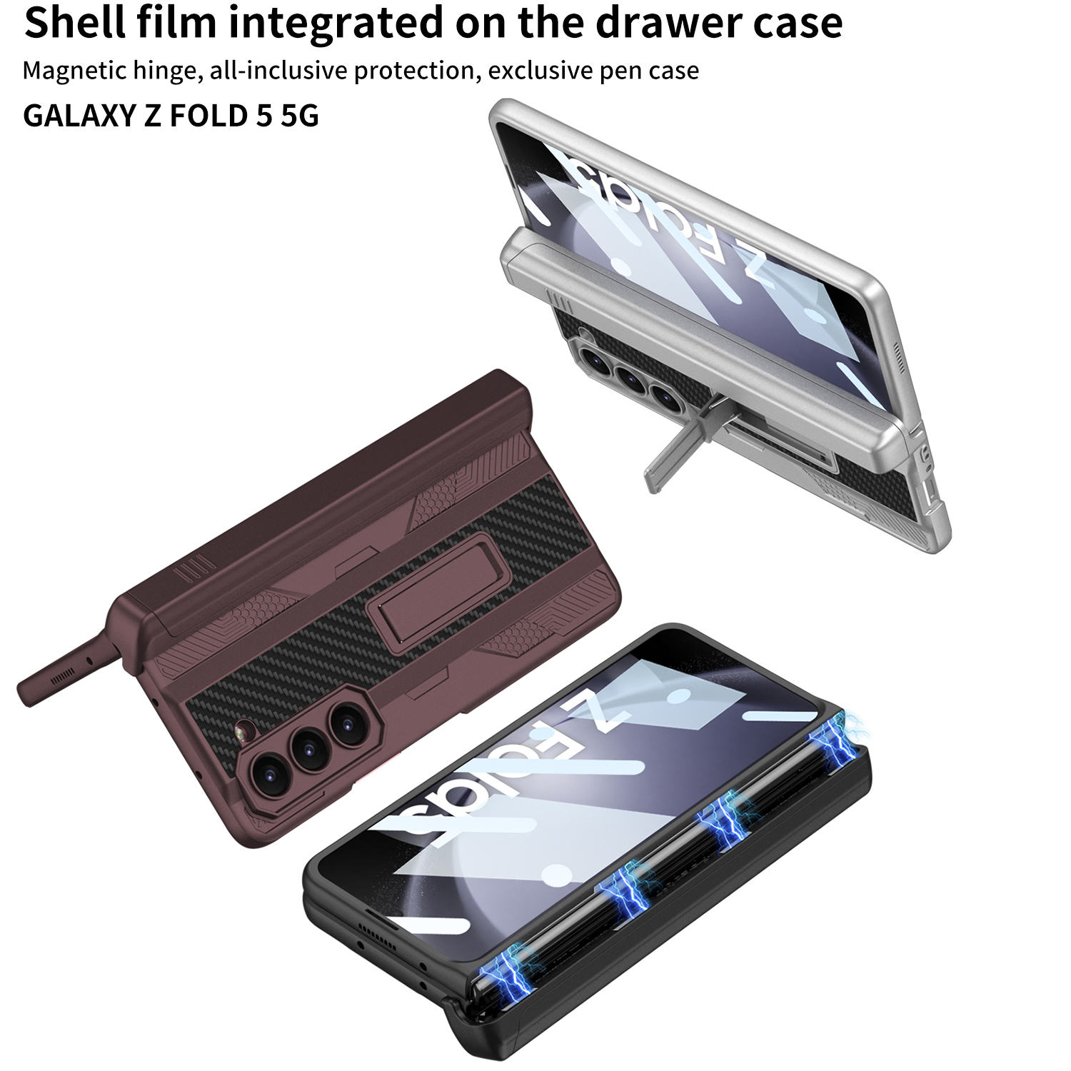 Portapenne Samsung Galaxy Fold 5 Custodia robusta con staffa magnetica Protezione pellicola protettiva cerniera