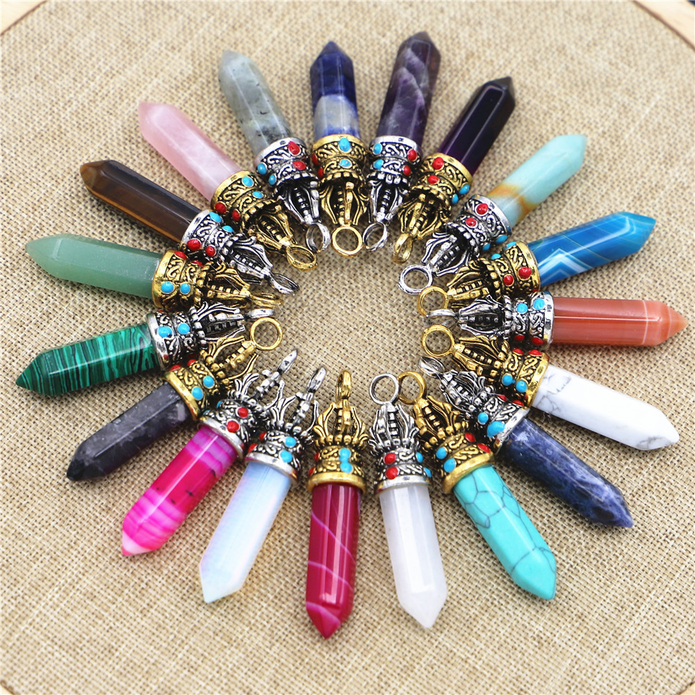 50st Natural Stone Crystal Pillar Crown Charms Pendulum Black Onyx Opal Rose Quartz Obsidian Chakra Pendants For Smycken Making Diy Necklace