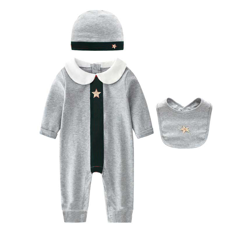 New 2023 Spring and autumn fashion style baby clothes Cotton long-sleeved patchwork Boy girl romper hat and Bibs 3-piece sets