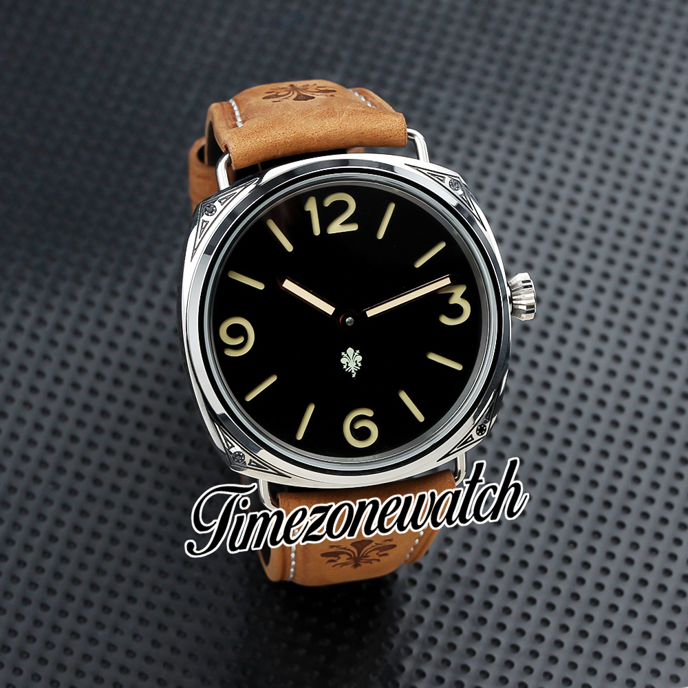 New 47mm Firenze Automatic Mens Watch Black Dial Vintage Engrave Steel Case Brown Leather Strap Gents Limited Edition Watch Big Size Timezonewatch HWTM E-01