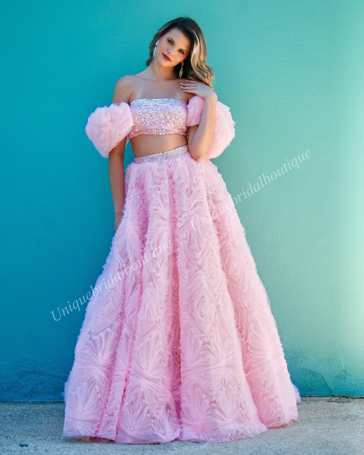 Vestido de baile de 2 peças para evento formal 2024, manga bufante, top curto com contas, saia de tule, concurso, baile de formatura, vestido de festa à noite para mulheres, Arábia Saudita, tapete vermelho, pista, drama, rosa