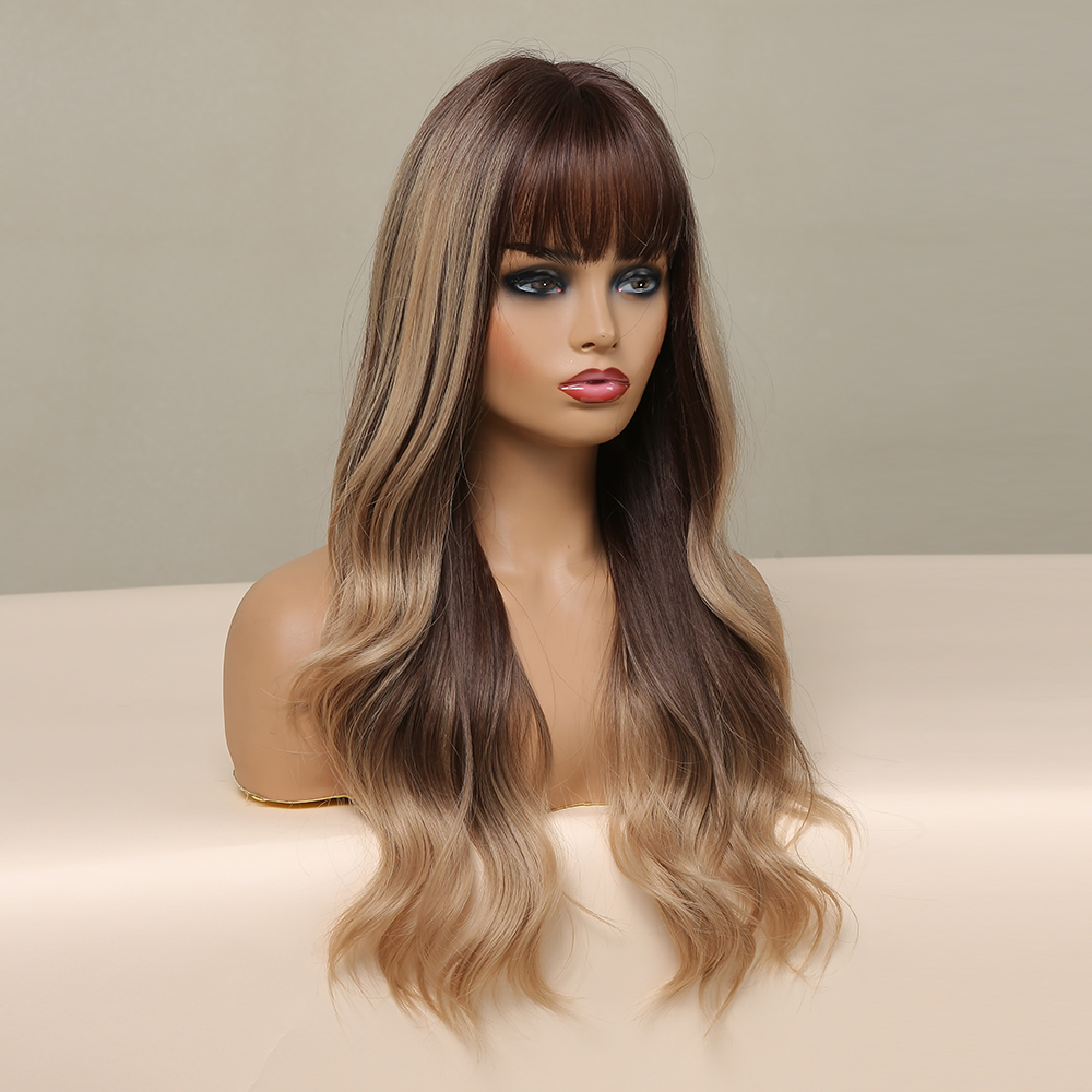 Wavy Dark Brown To Blonde Wigs Heat Resistant With Bangs Synthetic Halloween Wigs For Women