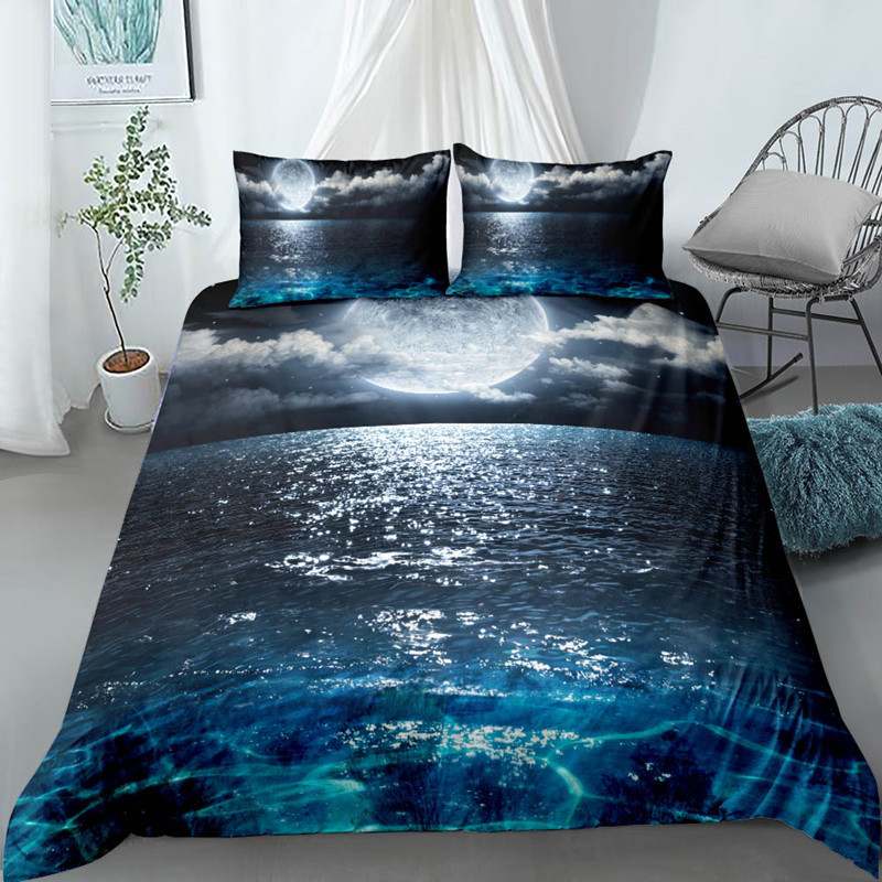 Moon Night 3d Bedding Set EU Single Double King US Twin Full Queen Palm Grove Däcke täcker mörkblå sängkläder fluffiga sängar