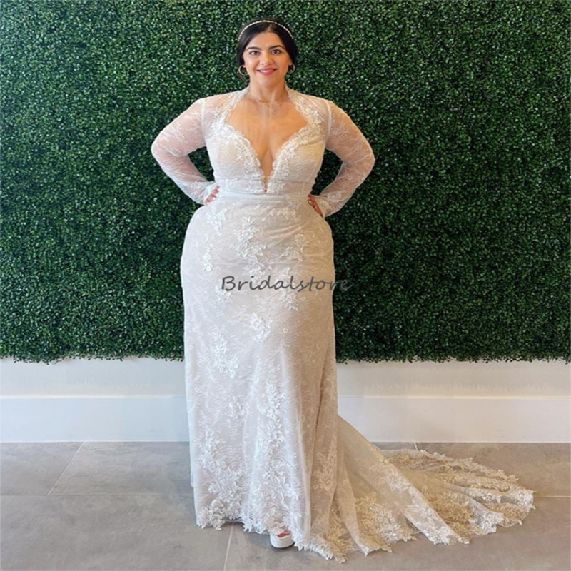 Abito da sposa in pizzo pieno di grandi dimensioni 2023 Elegante manica lunga sirena Boho Beach Abito da sposa Donna Fata personalizzata Invito Abito da giardino Vestido De Noiva Casamento Chic