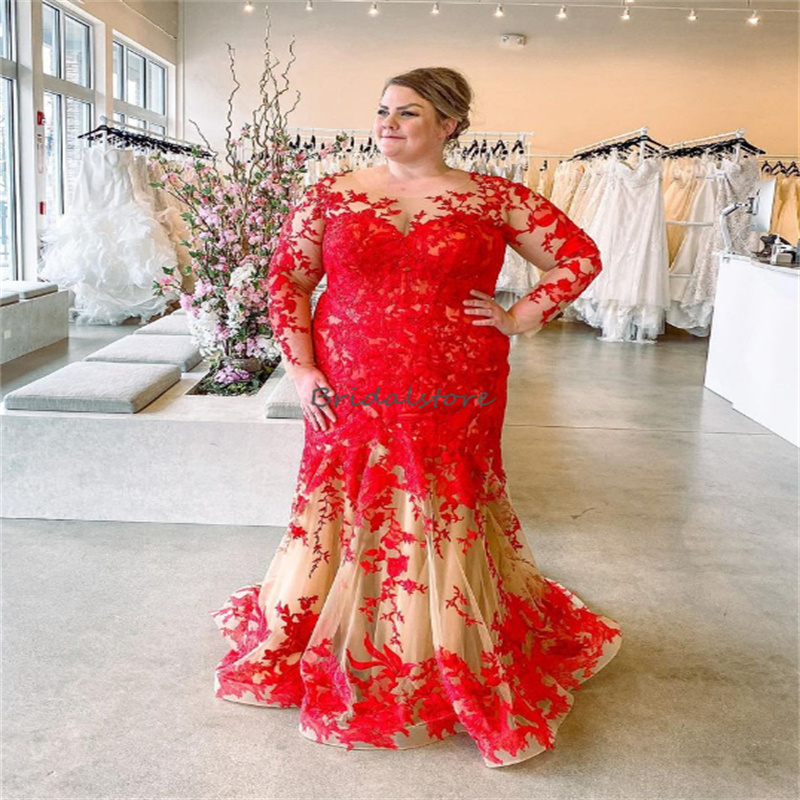 Plus Size Gothic Red Black Wedding Dress With Detachble Train Long Sleeve Lace Mermaid Church Bridal Gowns 2 In 1 Backless Bride Vestido De Novia 2023 Robe De Mariee