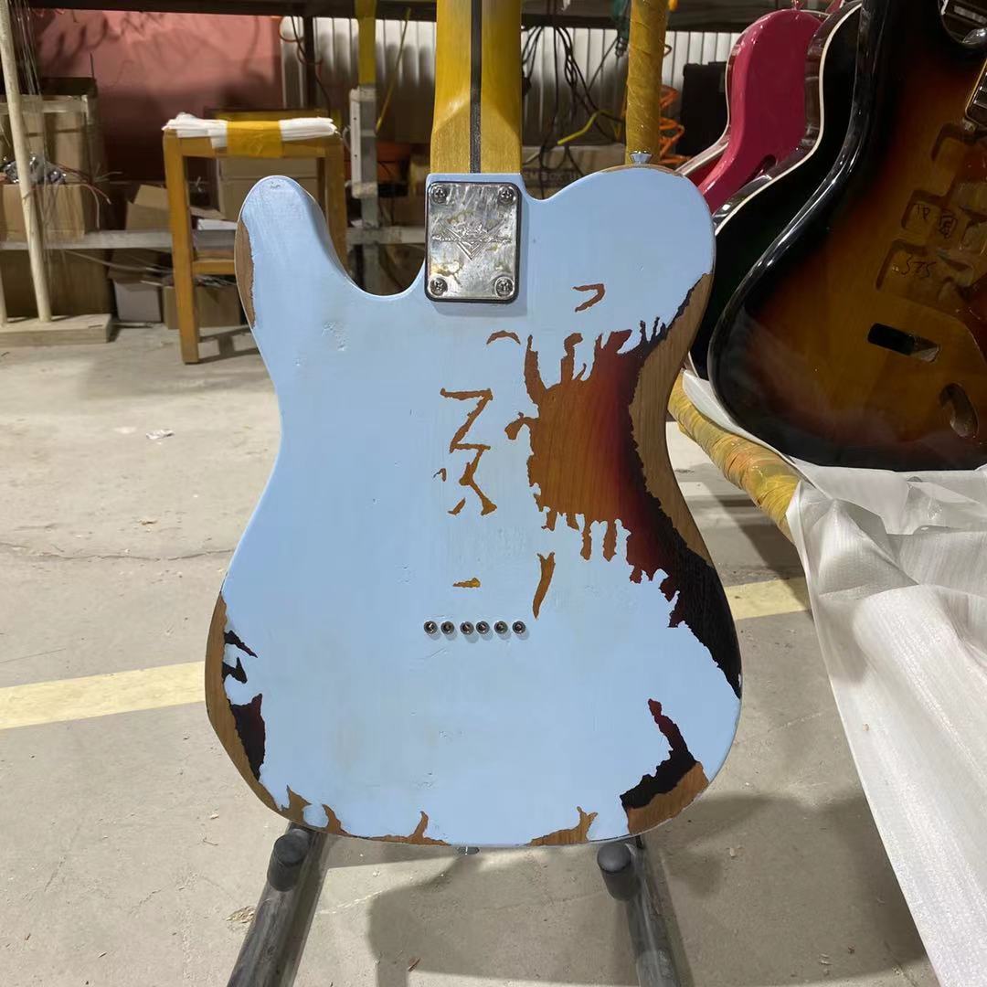 Chitarra elettrica TL Sky Blue Color Elder Body Relic Guitar 100% fatto a mano Personalizzazione del supporto Spedizione gratuita