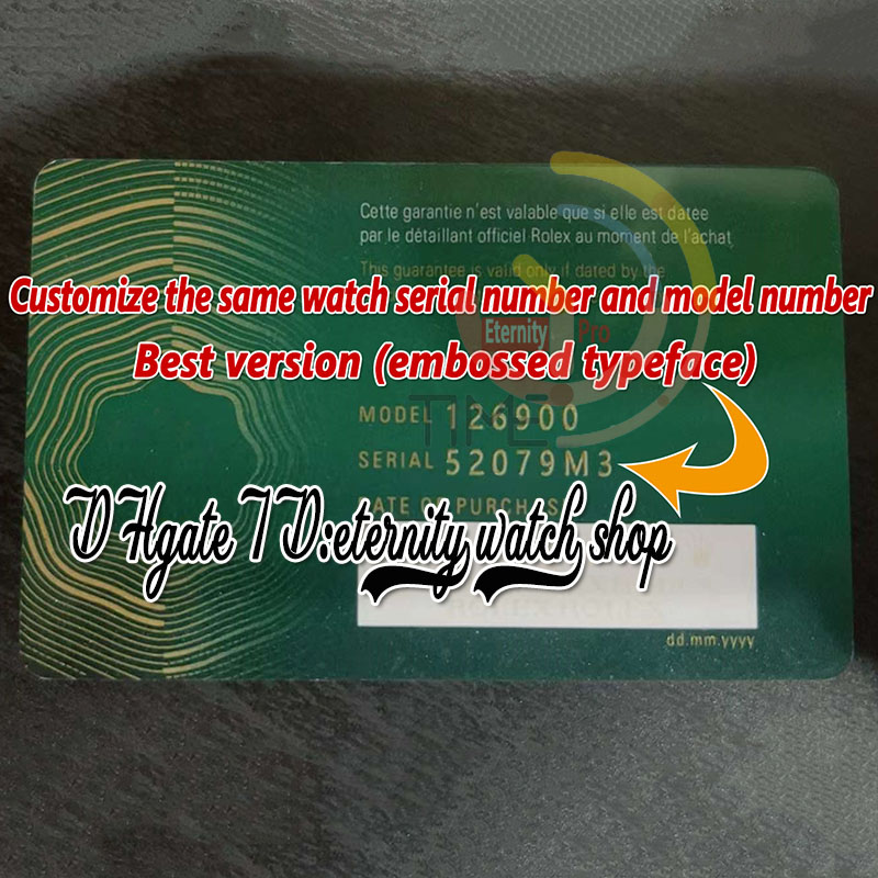 2023 Vert sans boîtes Carte de garantie Rollie NFC sur mesure avec couronne anti-contrefaçon et étiquette fluorescente Cadeau même étiquette de série Super Edition 126610 124060 éternité