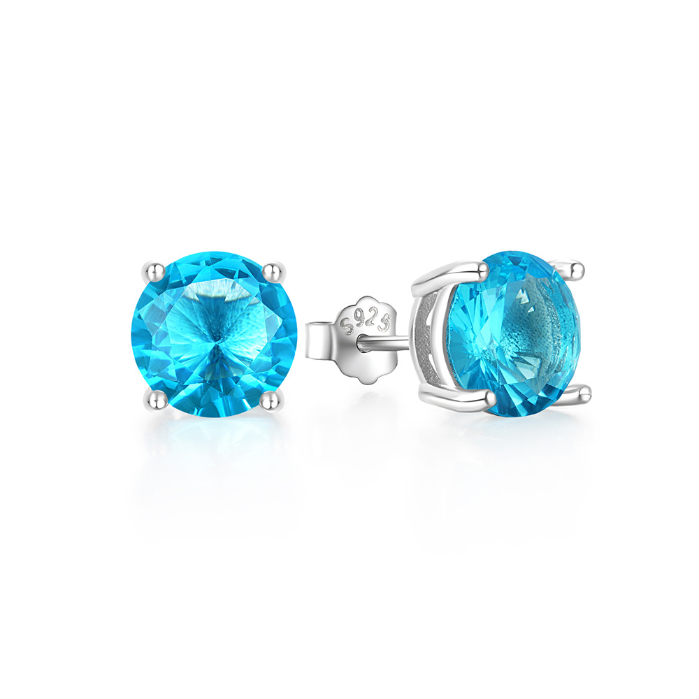 925 Sterling Silver Blue Zircon Stud Earrings 4 Prong Seting 8mm Oval Cz Diamond Luxury Fashion Women Earrings Accessories