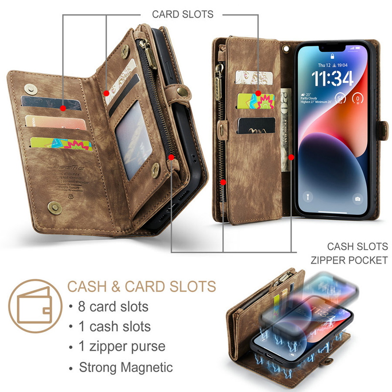 Caseme Magnetische Lederen Portemonnee Case Rits Afneembare Afneembare Cover Voor iPhone 15 14 13 12 11 Pro Max XS XR 8 7 6S Plus