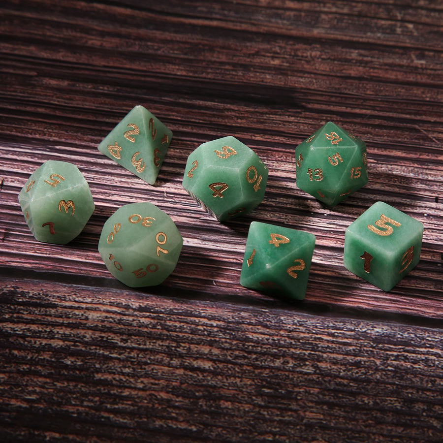 Conjunto de dados de pedras preciosas soltas poliédricas de aventurina verde natural 7 peças conjunto de dados de pedra de dragões de masmorras DND RPG jogos ornamentos produtos locais atacado aceitar personalizado