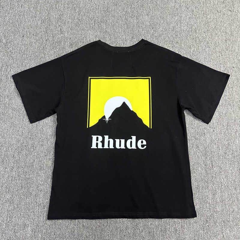 Américain High Street Marque De Mode Rhude Jaune Coucher De Soleil Graphique Lettre Impression Décontracté Lâche Manches Courtes T-shirt Unisexe D'été