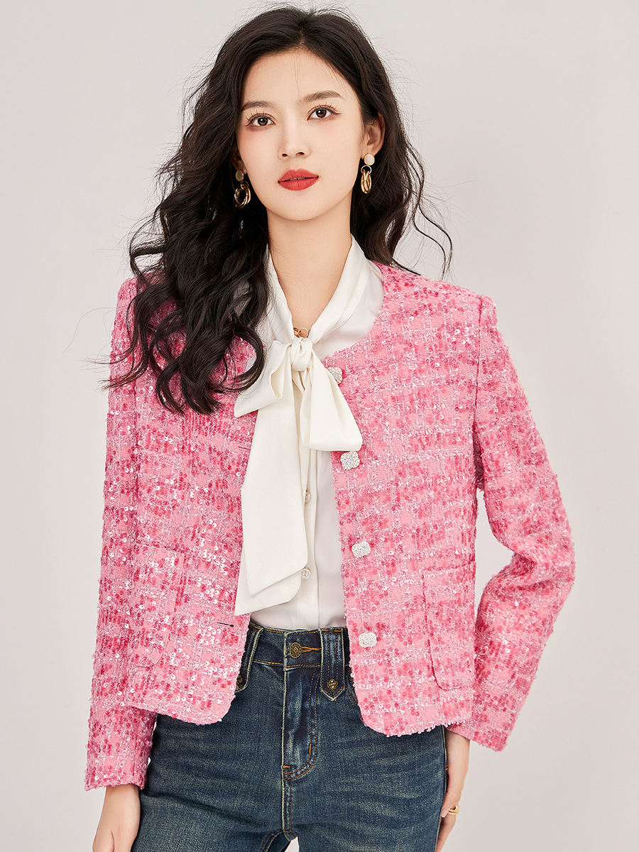 Luxury Sequined Pink Tweed Woolen Jacket For Women 2023 Fashion Autumn Winter Coats Sweet Party Outerwear Veste Femme