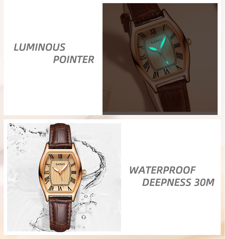 Модные наручные часы Barrel Ретро дизайнерские женские кварцевые часы Высококачественный кожаный ремешок Водонепроницаемые наручные часы Коричневый красный для женщин