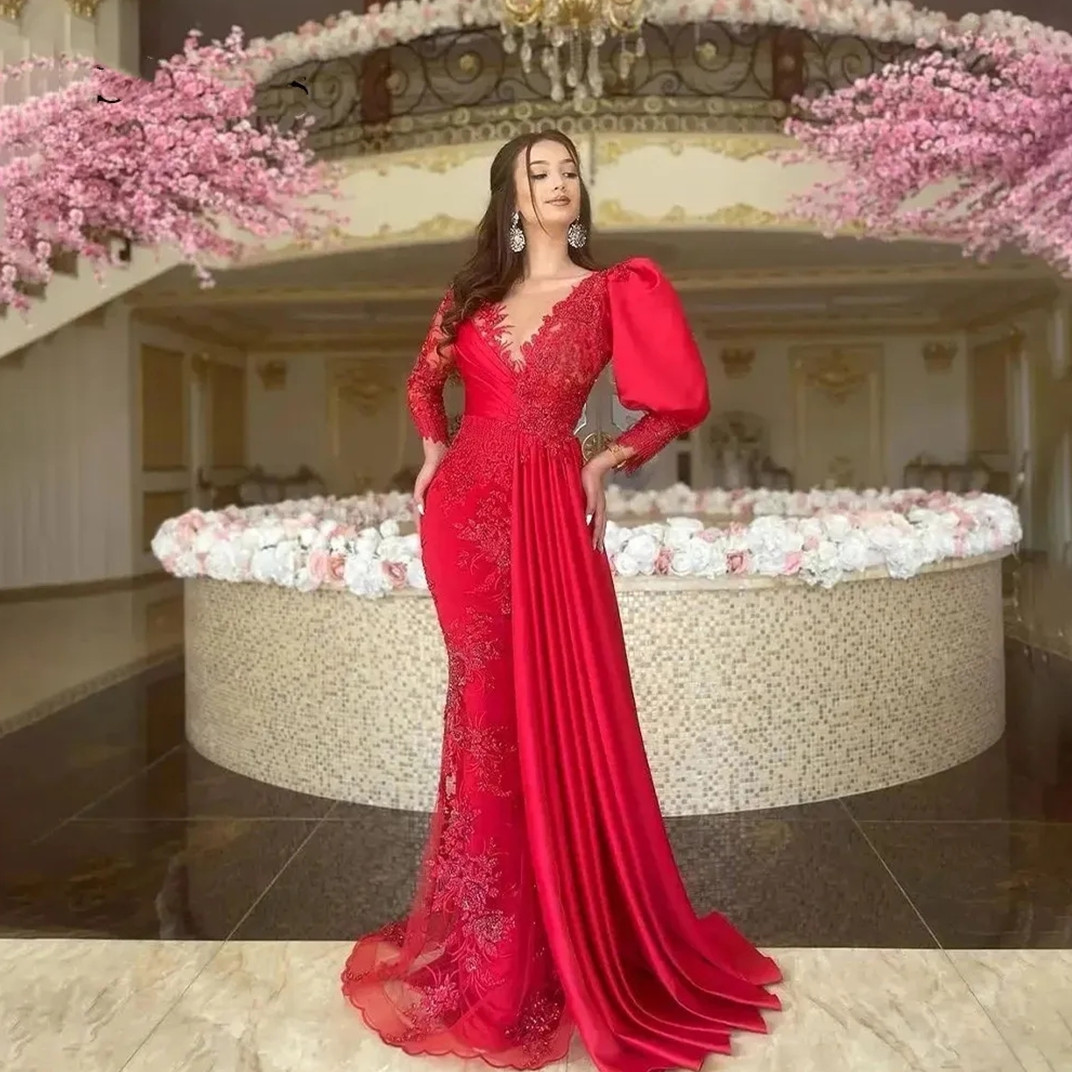 Affascinanti abiti da sera in pizzo rosso 2024 Puffy maniche lunghe sirena trasparente O collo Dubai abiti formali da ballo donne Met Gala