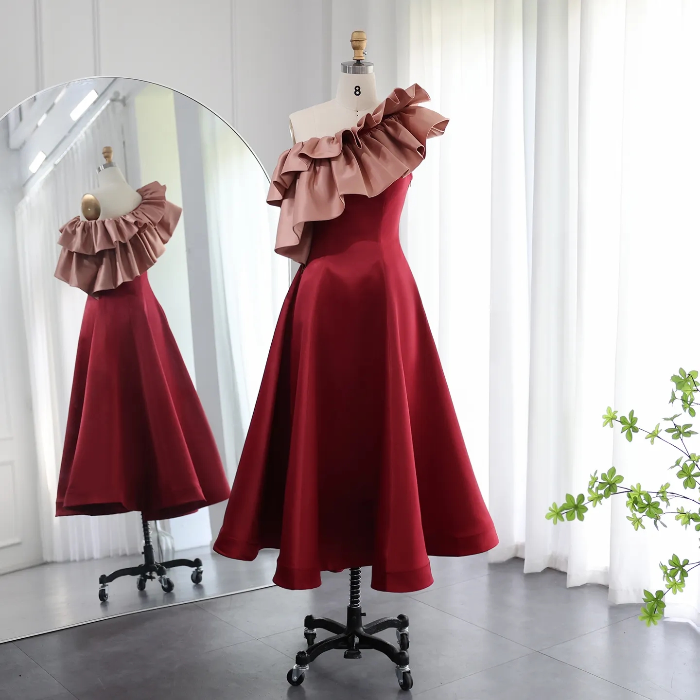 Robe de bal élégante rose bordeaux, tenue de soirée courte de dubaï pour femmes arabes, robes d'invitées formelles mi-longues, 2023