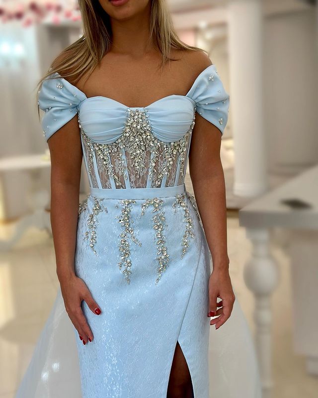 2023 Aso Ebi Árabe Bainha Céu Azul Vestido de Baile Cristais Frisado Noite Festa Formal Segunda Recepção Aniversário Noivado Vestidos de Dama de Honra Vestidos Robe De Soiree Z34