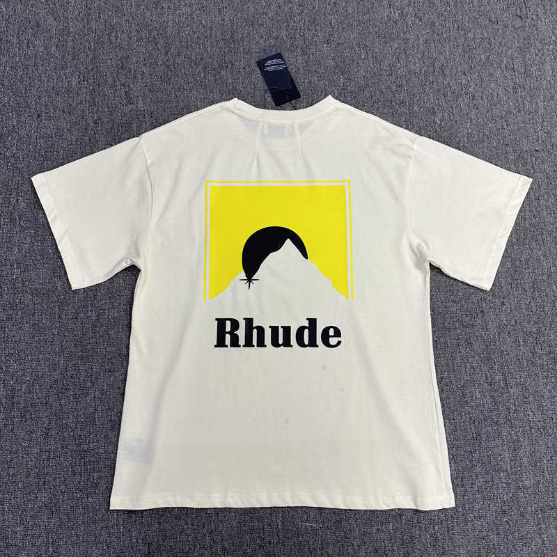 Américain High Street Marque De Mode Rhude Jaune Coucher De Soleil Graphique Lettre Impression Décontracté Lâche Manches Courtes T-shirt Unisexe D'été