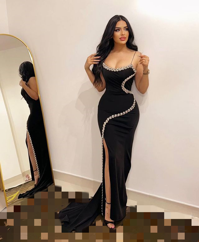 2023 Aso Ebi Arabic Black Sheath Prom Dress Satin Crystals Evening Formal Party Second Reception Birthday Engagement Bridesmaid Gowns Dresses Robe De Soiree Z37