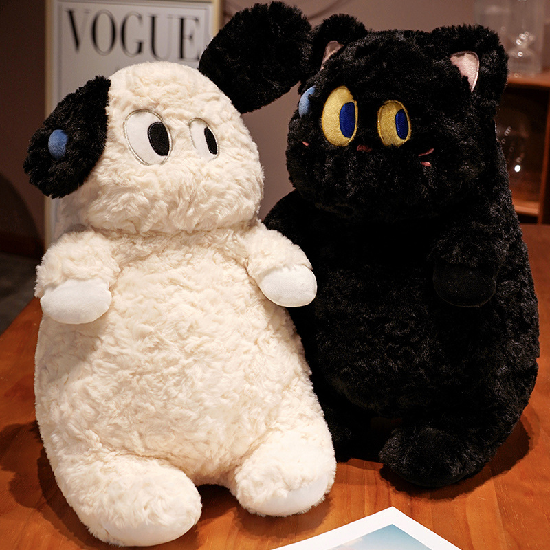 Kawaii big-eyed black cat stuffed animal toy cute rabbit plush toy cartoon white dog plush doll children sleeping comfort pillow doll girl Christmas birthday gift