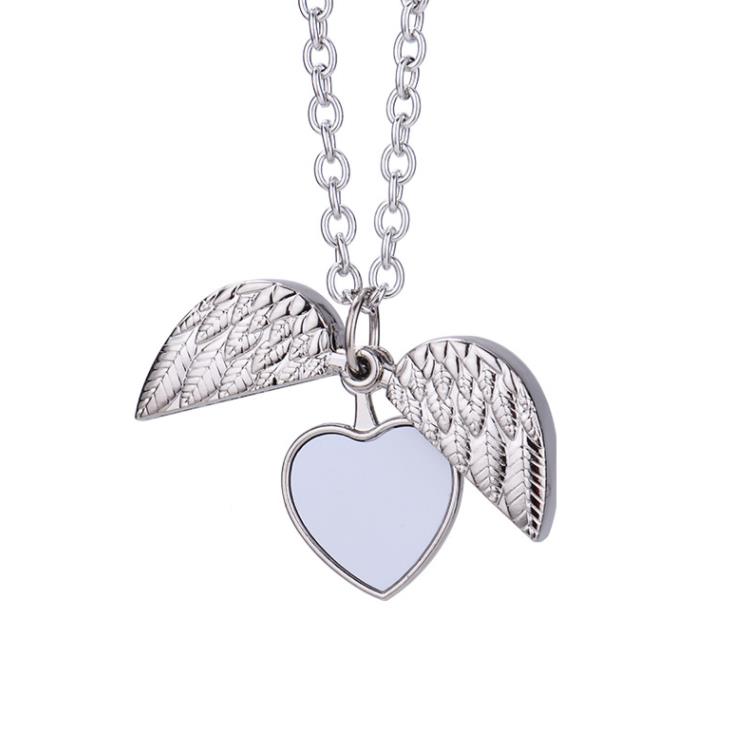 Party Favor Sublimation Blanks Necklace Pendant Heart Angel Wings smycken Tome Neckor With Chain SN4223