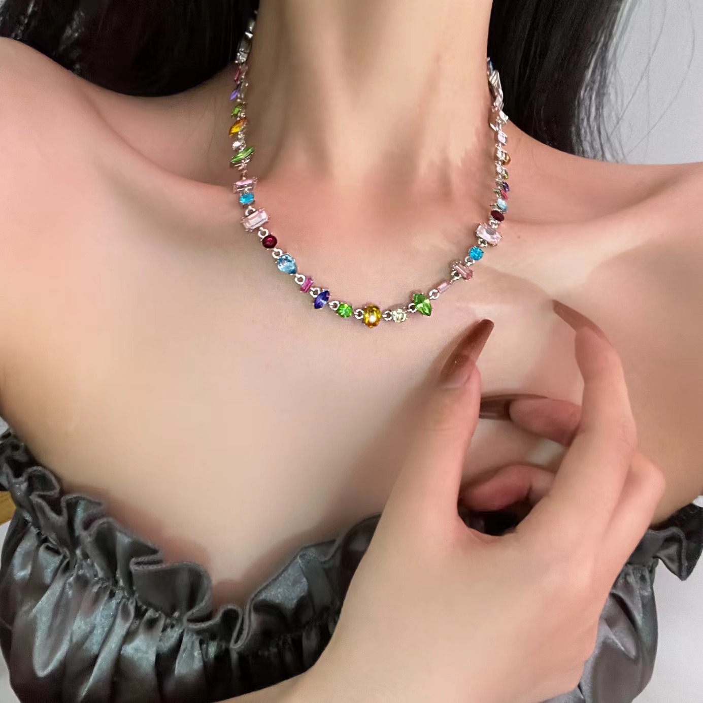 Dziewczyna kolorowe kryształowe naszyjniki cyrkonowe damskie luksusowy wysoki naszyjnik łańcuch kołnierzyka