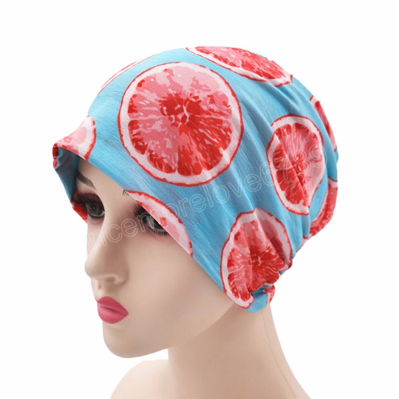 Mode Muslimische Frauen Neue Kreuz Seide Schlaf Chemo Hut Beanie Obst Muster Turban Hut Schal Krebs Chemo Beanie Cap Hijab headwear