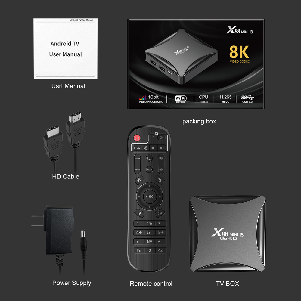 X88 Mini 13 Android 13.0 RK3528 Rockchip Quad Core 8K ULTRA HD double Wifi 2.4G 5G 2GB 4GB 16GB 32GB 64GB 100M LAN Smart TV Box