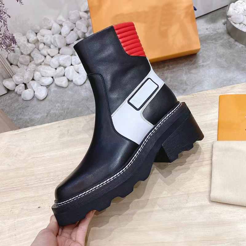 Высококачественные дизайнерские ботинки Женская мода Цвет соответствующего цвета на молнии кожаные ботильоны Мартин Сапоги Мотоциклетные ботинки Модные ботинки Челси с коробкой