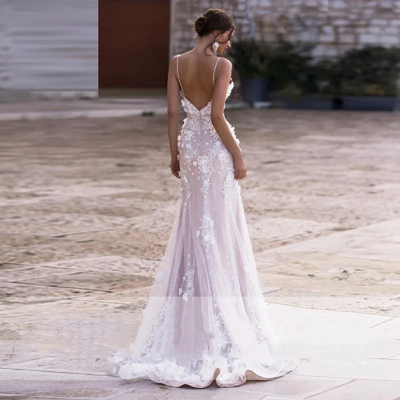 Vestidos De novia sexis De encaje De sirena con espalda descubierta 2023, vestido De novia con tirantes finos sin mangas y bata De tren