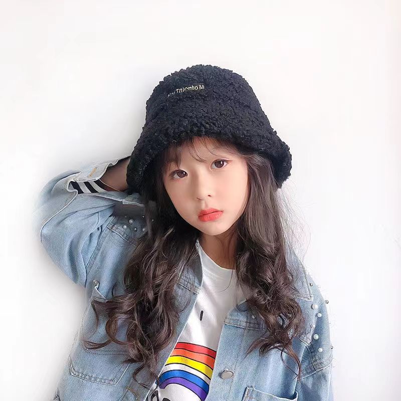 Children's fisherman hat Autumn and winter lamb wool embroidery day Korean version of all boys and girls basin hat warm baby hat
