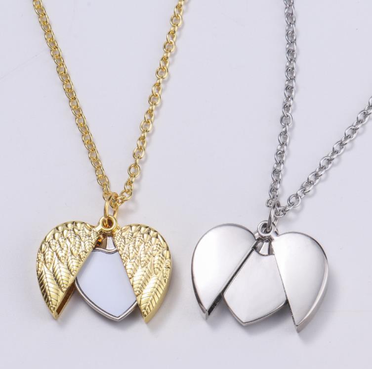 Party Favor Sublimation Blanks Necklace Pendant Heart Angel Wings smycken Tome Neckor With Chain SN4223