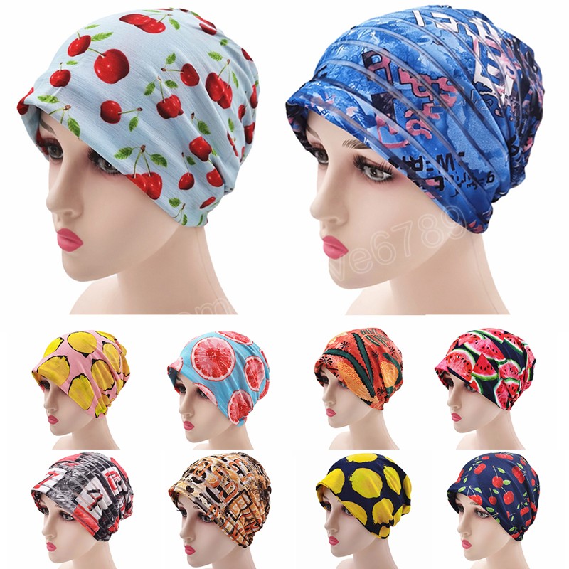 Mode Muslimische Frauen Neue Kreuz Seide Schlaf Chemo Hut Beanie Obst Muster Turban Hut Schal Krebs Chemo Beanie Cap Hijab headwear