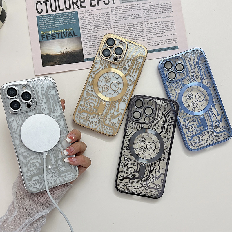 Designer Fashion Phone Cases For Iphone 15plus 15promax 14 13 12pro Silicone Case Apple Cellphone Mechanical Plating Edge Anti-Drop Non-Yellowing Magnetic Covers