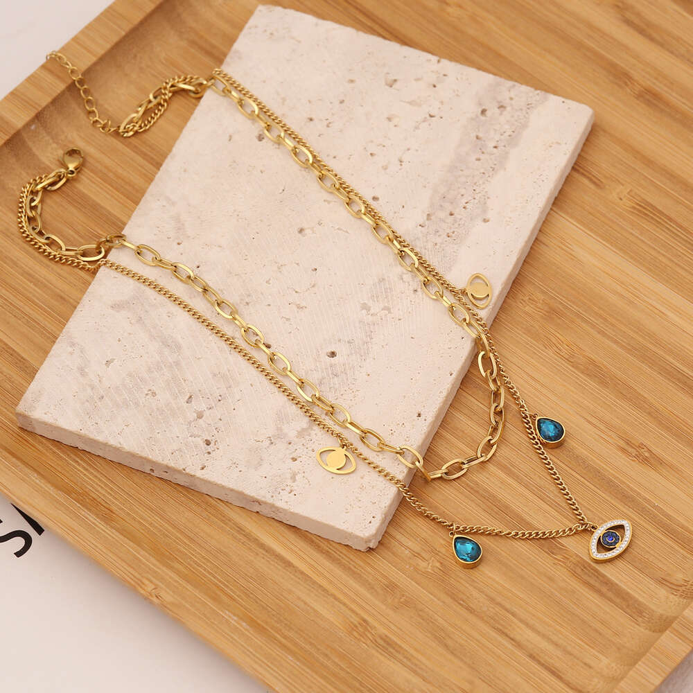 High-quality Jewelry personalized necklace titanium steel bangles set ins Eye Blue Water Drop clavicle chain