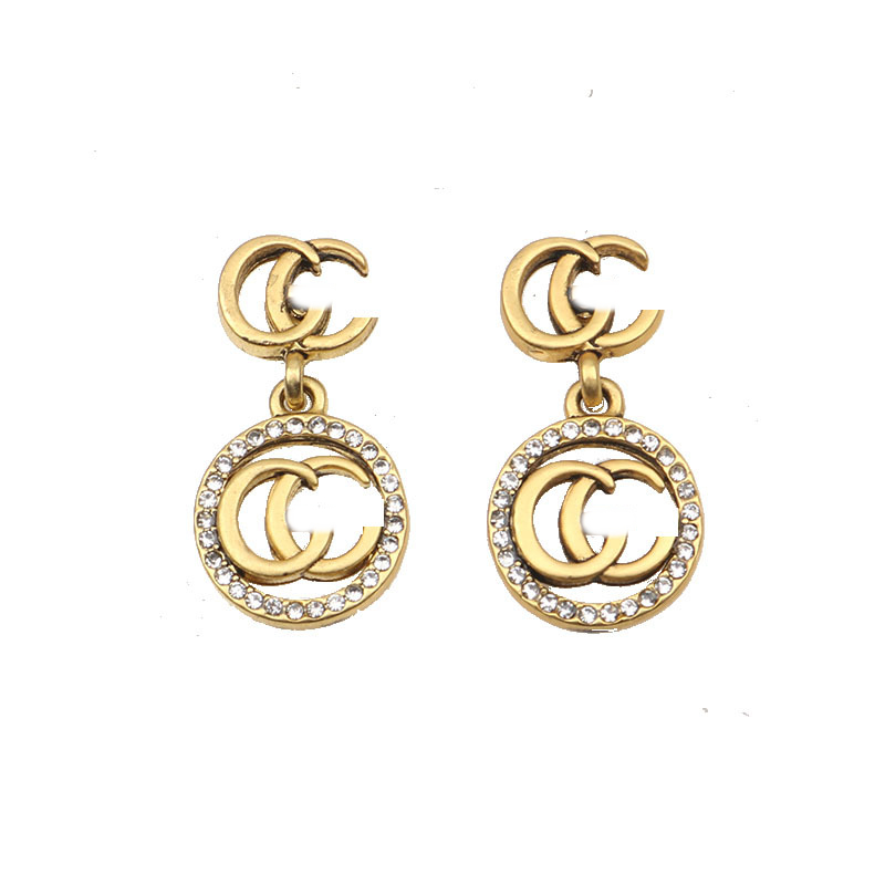 Boucle d'oreille longue circulaire rétro pour femmes, strass, double lettre ajourée, boucles d'oreilles de styliste