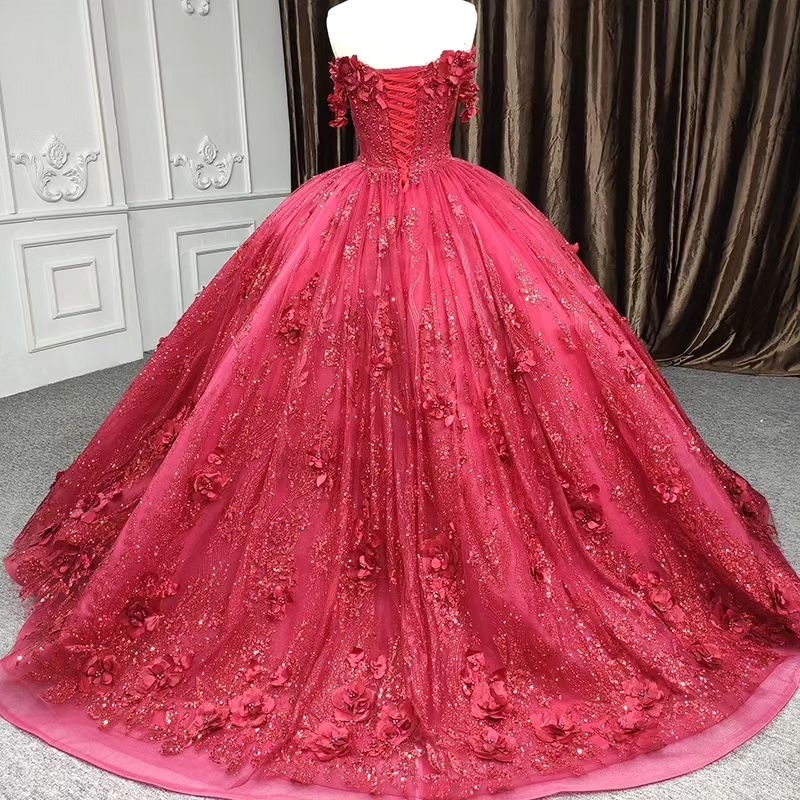 Red Shiny Mexican Quinceanera Dresses Handmade 3D Floral Beads Applique Birthday Princess Formal Ball Gowns Vestidos XV Anos