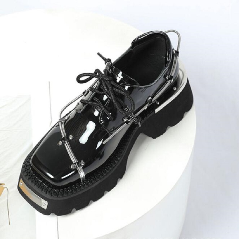 Plateau-Lederschuhe für Damen, Leder, britischer Stil, quadratischer Kopf, schwarze Derby-Schuhe mit dicken Absätzen, kleine Lederschuhe 1AA54