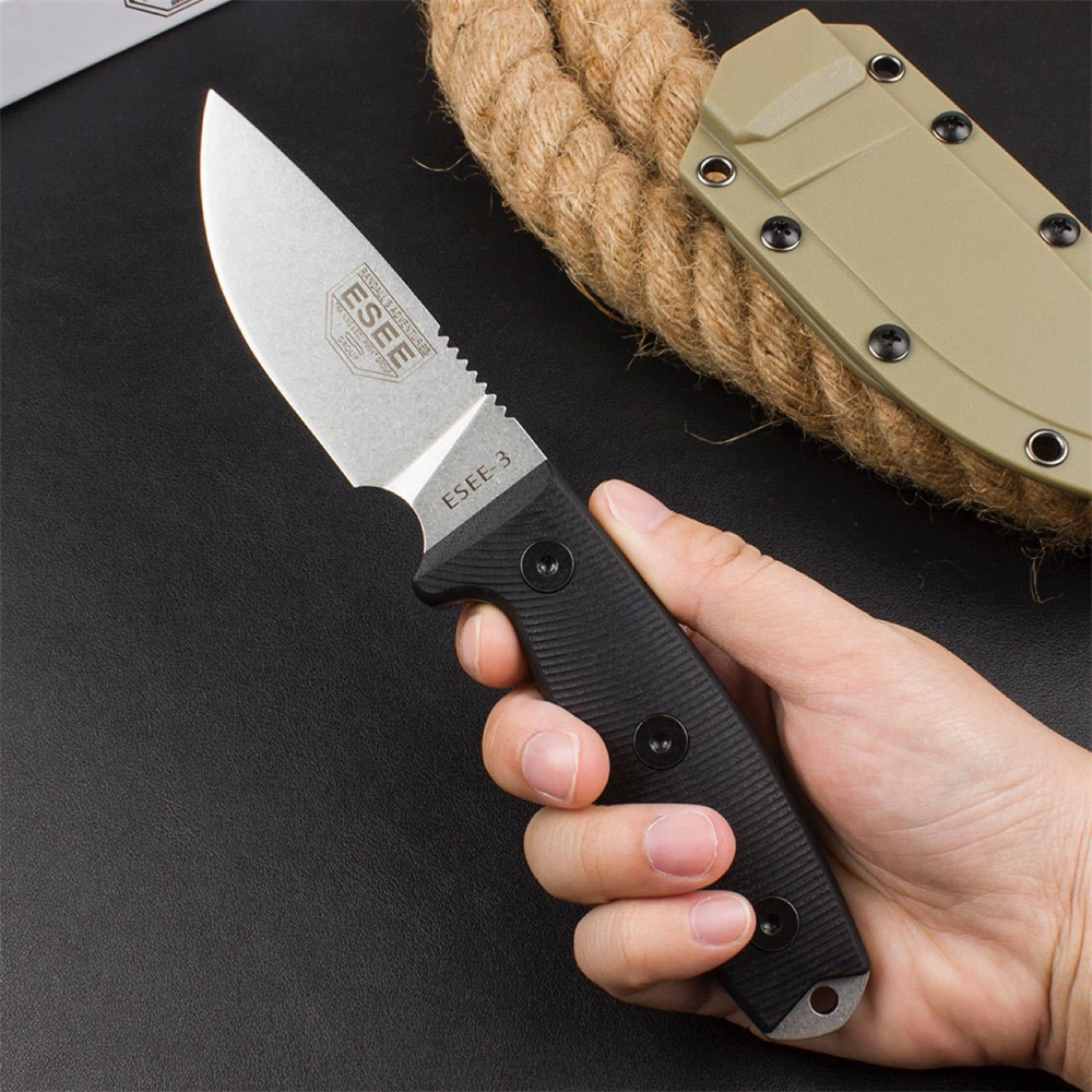 ESEE-3 Outdoor Militair Vast Mes Stonewashed Drop Point Blade G10 Handvat met K-Sheath Survival Tactische Combat Messen Utility Jacht Camping Gereedschap