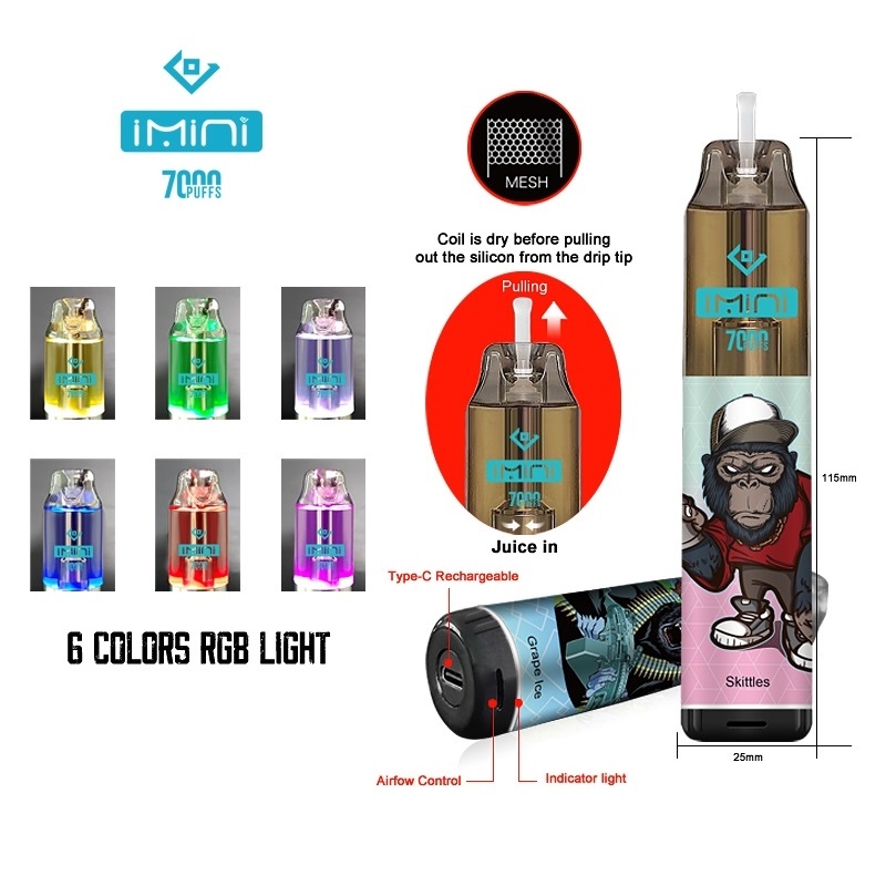 Imini d'origine 20 saveurs régulières 7000 Puffs Vape jetable 0% 2% 3% 5% Flashing RVB Light Design 850mAh Type-C Batterie rechargeable Puffle E-Cigarette Puff 7k