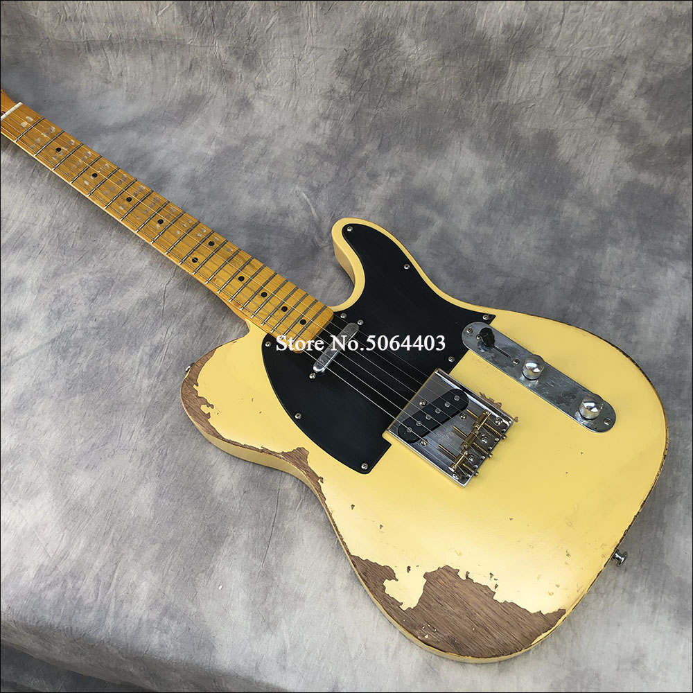 Guitarra eléctrica Heavy Relic TL, cuerpo de aliso, mástil de arce, herrajes envejecidos, acabado de laca nitro de Color amarillo, se puede personalizar