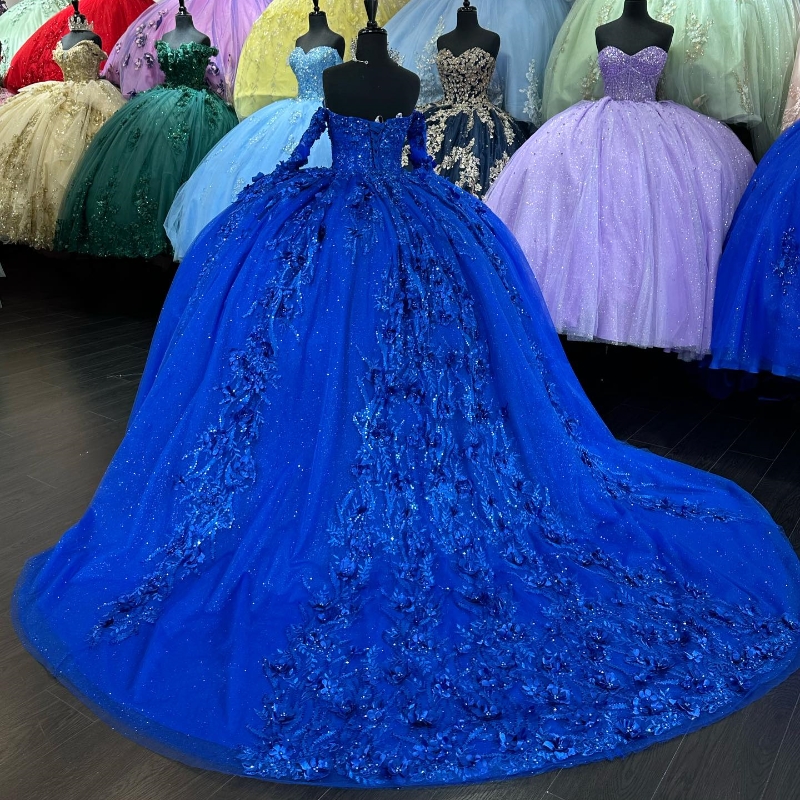 ネイビーブルーの光沢のある恋人Quinceanera Dresses Aptique Lace Beaded Longleeved Ball Gown Vestidos de 15 Anos Sweet 16