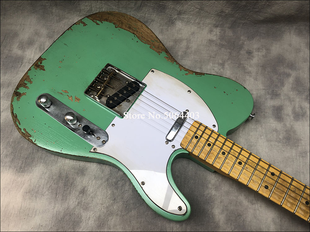 Tung relik TL Electric Guitar Alder Body Maple Neck Aged Hardware Green Color Nitro Lacquer Finish kan anpassas