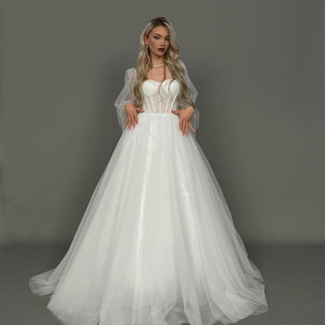 Abiti da sposa vintage lunghi con scollo a cuore in tulle con perline con maniche a-line avorio lunghezza pavimento abiti da sposa Abendkleid abito da sposa le donne