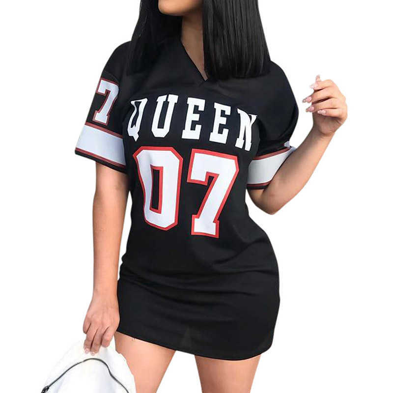 T-shirt Robe femmes court Hip Hop reine imprimé longue ample col en V Sexy Mini Robe Camiseta Vestidos