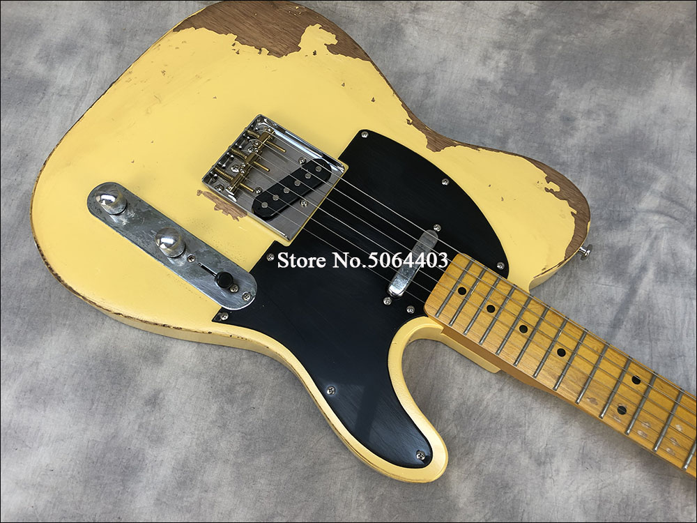 Tung relik TL Elektrisk gitarr Alder Body Maple Neck Aged Hårdvara Gul färg Nitro Lacquer Finish kan anpassas