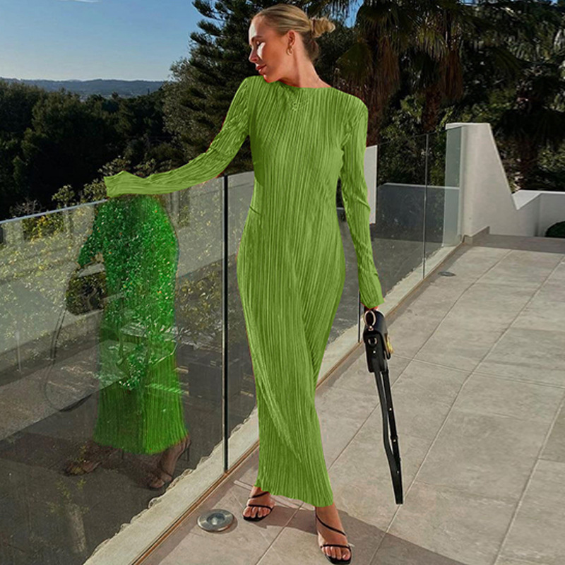 Summer Solid Long Sleeve Sexig Maxi Dress for Woman Robe Sexig Slim Fit Fashion Dress Round Neck Fashion Column Pleated Long Dresses Fashion Green Orange