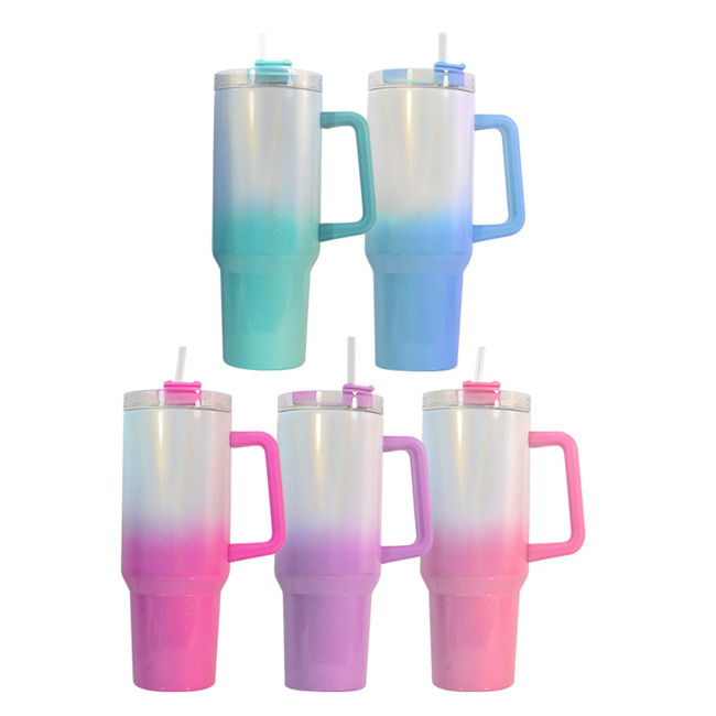 Sublimación del almacén local 40 oz brillo ombre vaso gradiente brillo taza con asa paja blanco taza de viaje en blanco