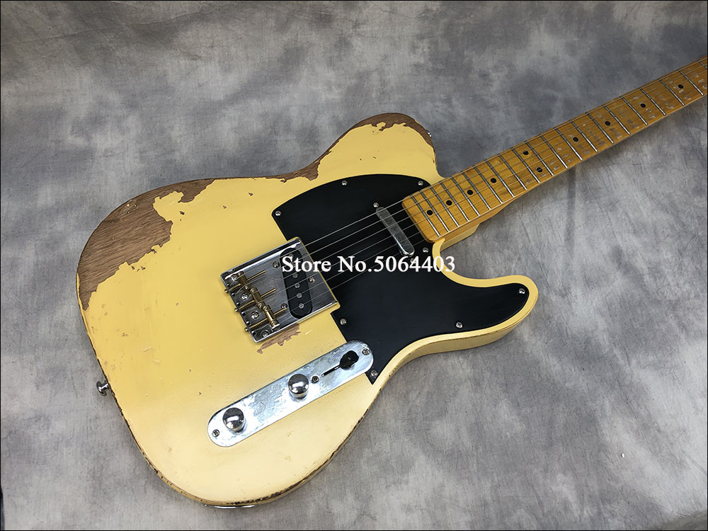 Heavy Relic TL Electric Guitar Alder Body Maple Neck Aged Hardware Yellow Color Nitro Lacquer Finish Can be Customized