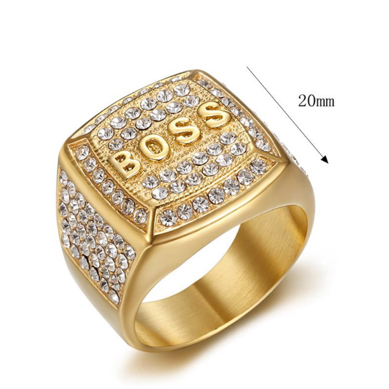 Herrring lyxiga zirkonchef bokstäver rostfritt stål titan hiphop isade ut ringar för kvinnor par älskare gåva 18k guldpläterade smycken