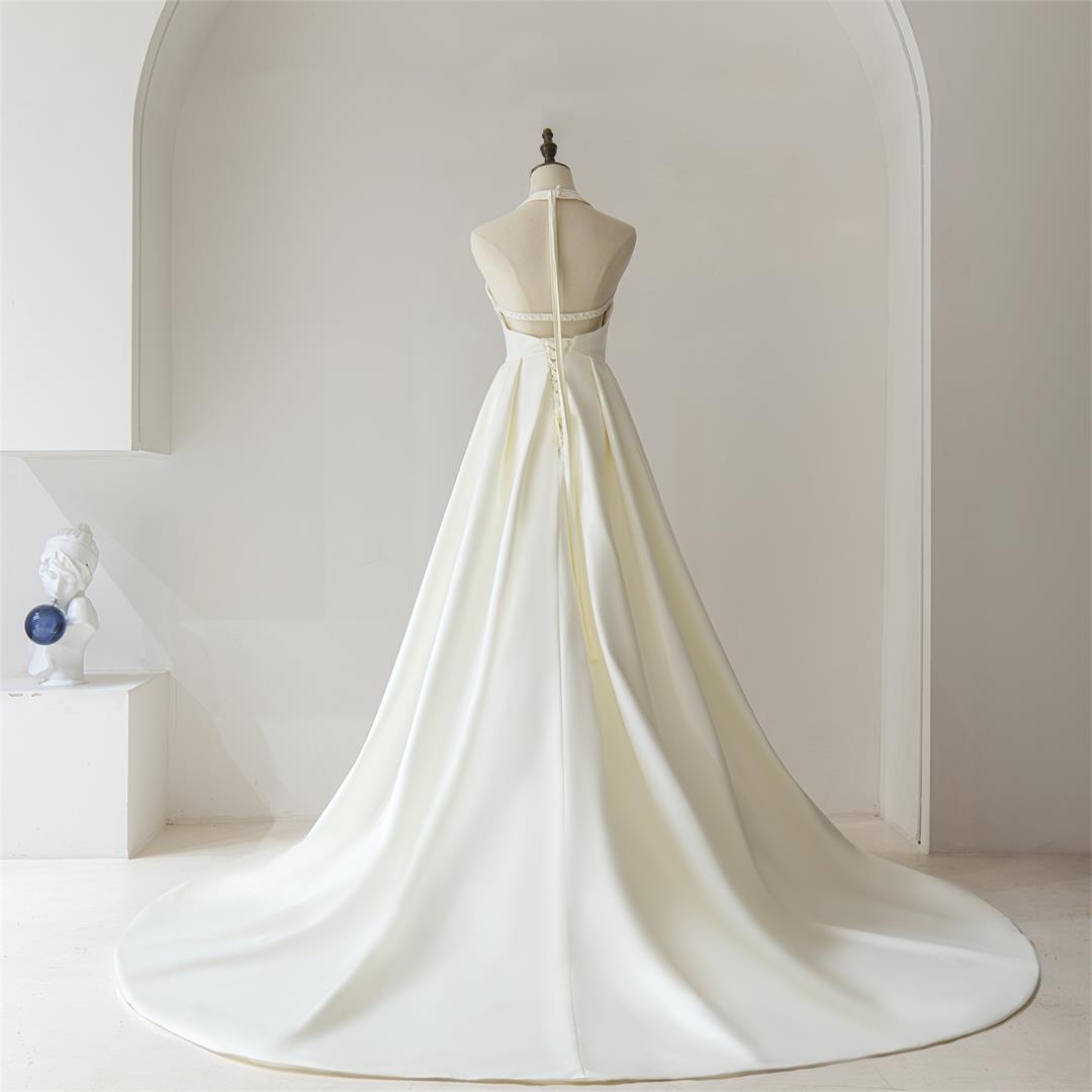 French A-Line Wedding Dresses Deep V Satin Simple Hepburn Style Backless tight bodice Bohemian retro charming RL1098